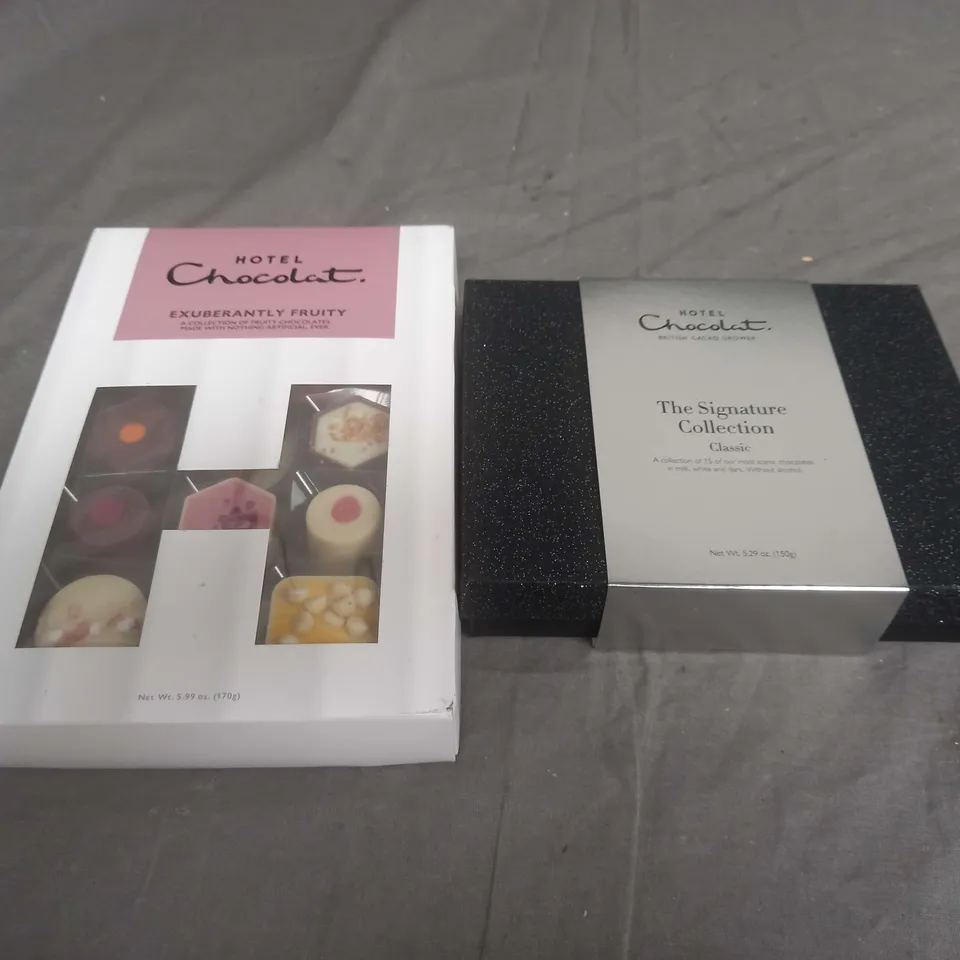 HOTEL CHOCOLAT LOT OF 2 CHOCOLATE SELECTION BOXES TO INCLUDE EXUBERANTLY FRUITY AND THE SIGNATURE 