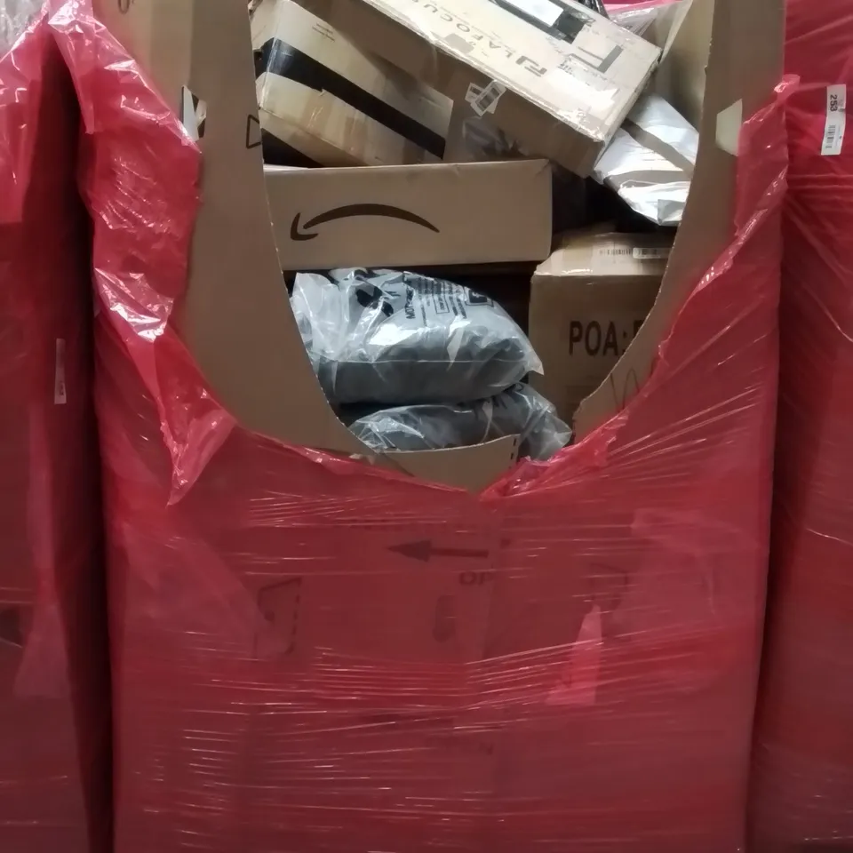 PALLET CONTAINING VARIOUS ASSORTED HOUSEHOLD ITEMS TO INCLUDE: CHILDREN'S PLAY MAT, AIR FRYER, WALL CLOCK,SPORTS BAGS AND LOTS MORE UNMARKED BOXED ITEMS 