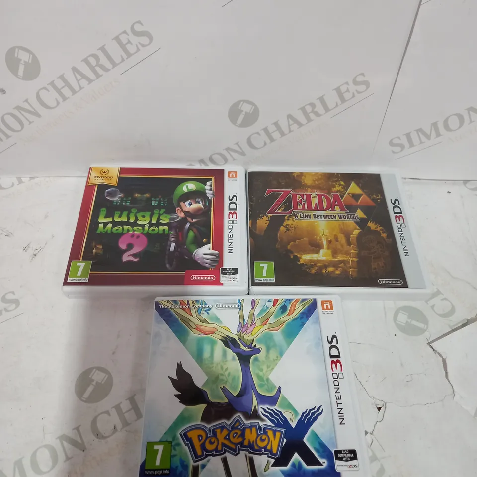 LOT OF 3 NINTERNDO 3DS GAMES TO INCLUDE LUIGIS MANSION, POKEMON X AND THE LEGEND OF ZELDA