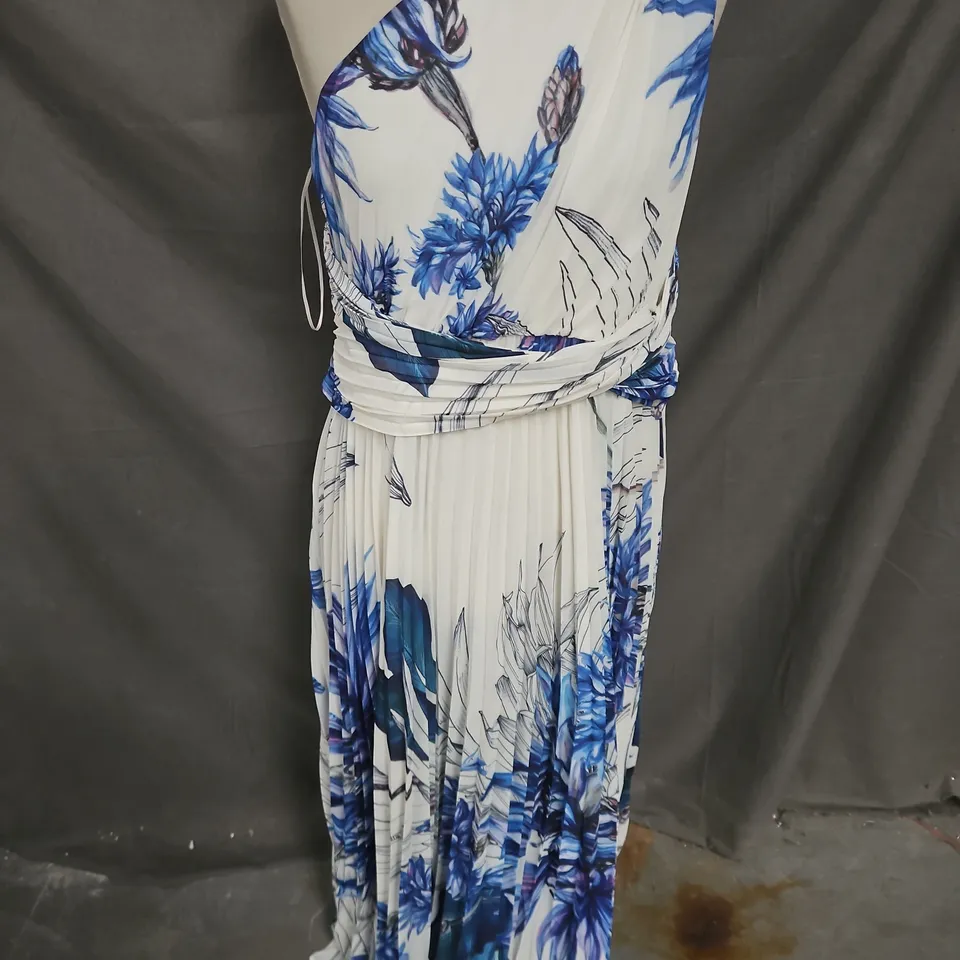 KAREN MILLEN PETITE FLORAL CRINKLE CUT OUT WOVEN MAXI DRESS IN BLUE MIX SIZE 14
