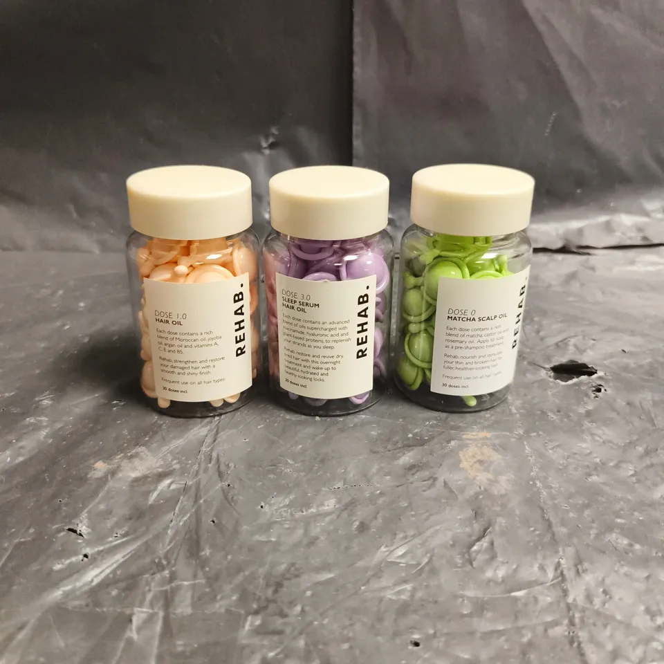 REHAB DOSE HAIR OIL TRIO TO INCLUDE – 3.0 SLEEP SERUM - 0 MATCHA SCALP OIL - 1.0 HAIR OIL - 30 DOSES EACH