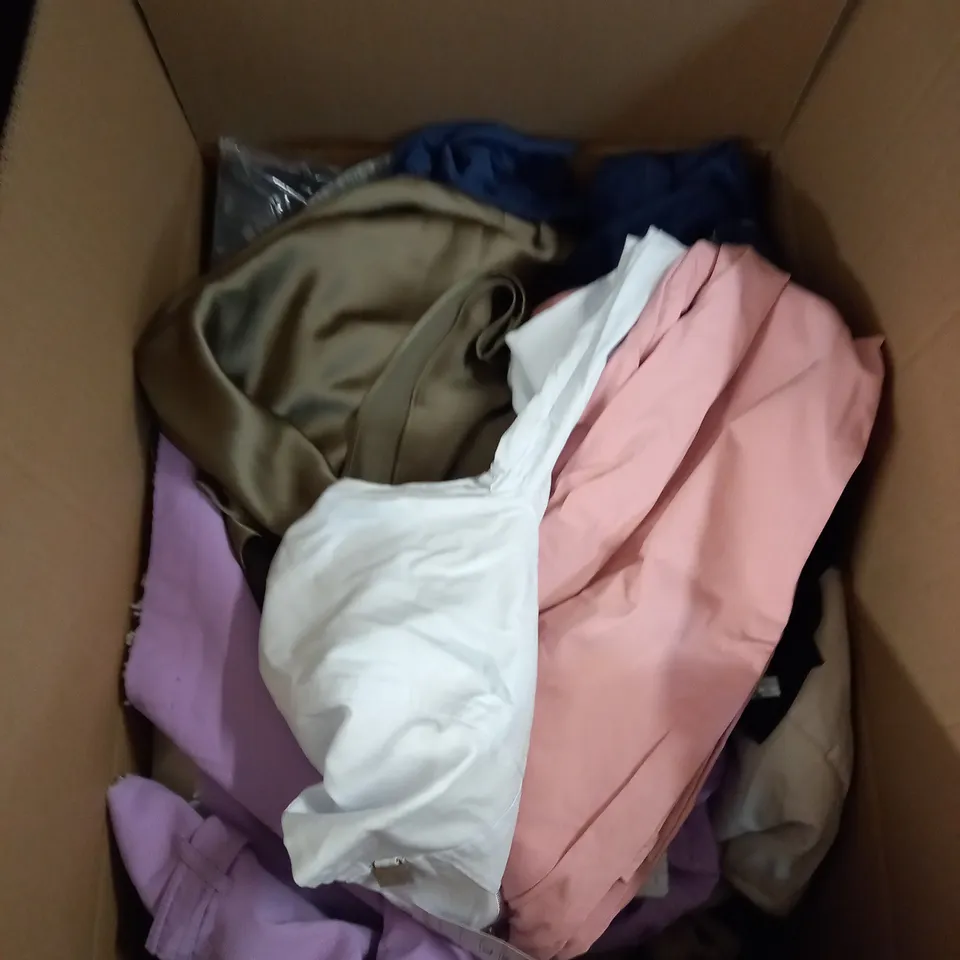 BOX OF ASSORTED CLOTHING ITEMS TOO INCLUDE JUMPERS, SHIRTS AND TROUSERS IN VARIOUS SIZES AND COLOURS   