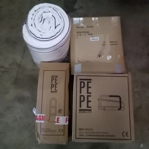 PALLET OF ASSORTED ITEMS INCLUDING TOILET RISER WITH HANDLES, STORAGE OTTOMAN, SINGLE MATTRESS TOPPER, BATHTUB GRAB RAIL