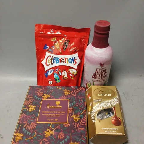 TOTE OF ASSORTED FOOD AND DRINK ITEMS TO INCLUDE LINDOR, CELEBRATIONS AND HOLDSWORTH