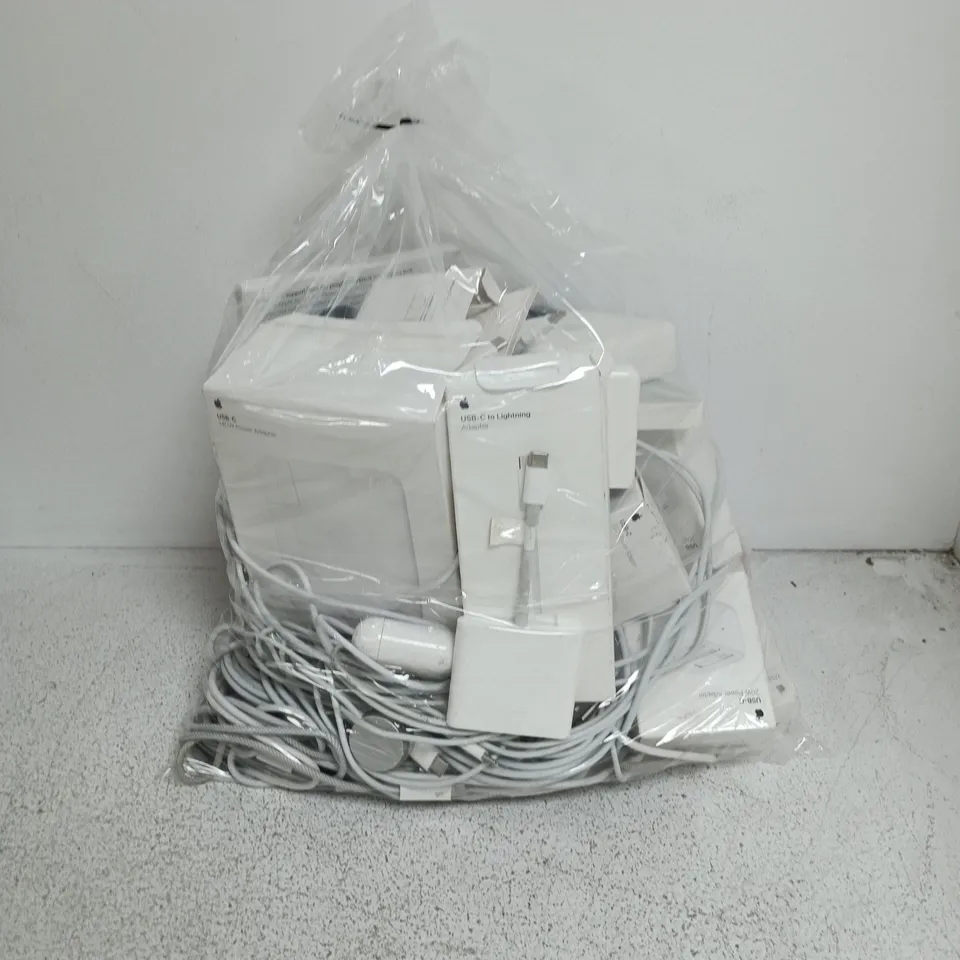 BAG CONTAINING ARE LARGE NUMBER OF APPLE PRODUCTS INCLUDING AIRPODS, WIRES, PLUGS ETC.