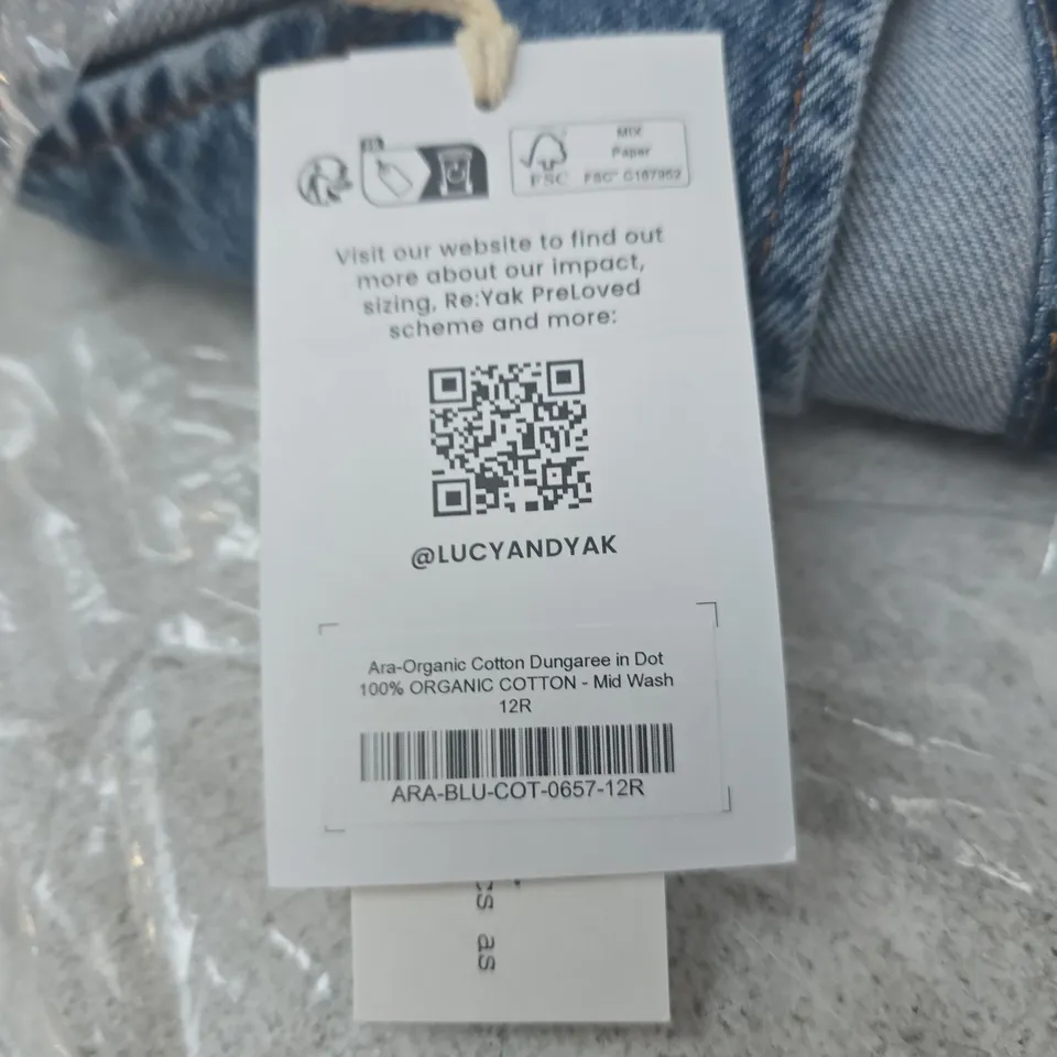 LUCY & YAK ARA ORGANIC COTTON DUNGAREES IN DOT – MID WASH, UK 12R