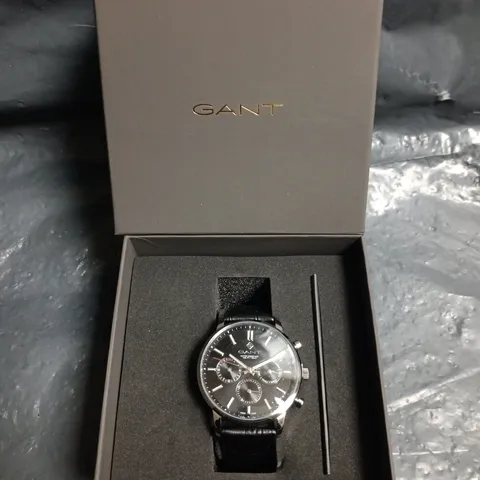 GANT CHRONOGRAPH WRISTWATCH – BLACK DIAL, LEATHER STRAP, BOXED