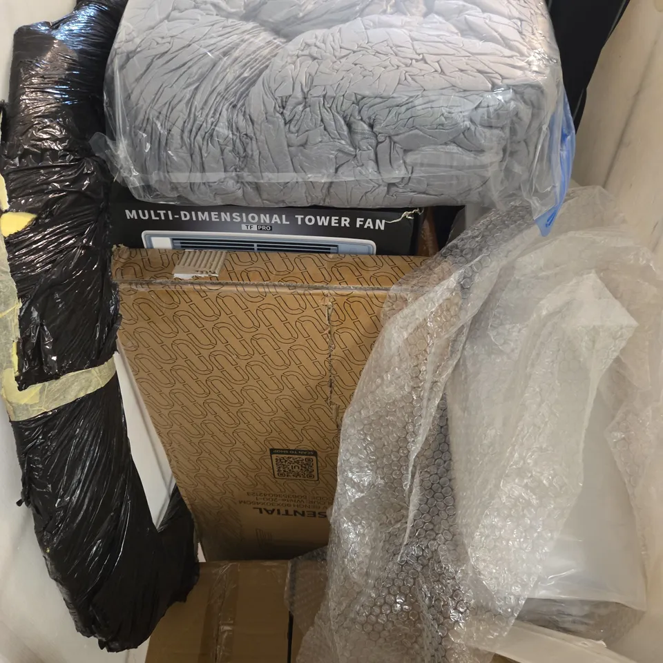 APPROXIMATELY 10 ASSORTED HOUSEHOLD PRODUCTS TO INCLUDE TV BENCH, TOWER FAN, MAILERS ETC