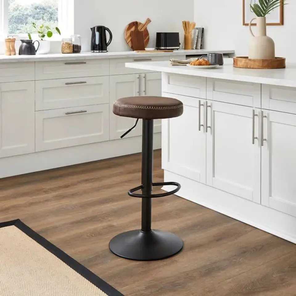 BOXED VENICE ROUND ADJUSTABLE HEIGHT SWIVEL BAR STOOL, FAUX LEATHER - BROWN (1 BOX)