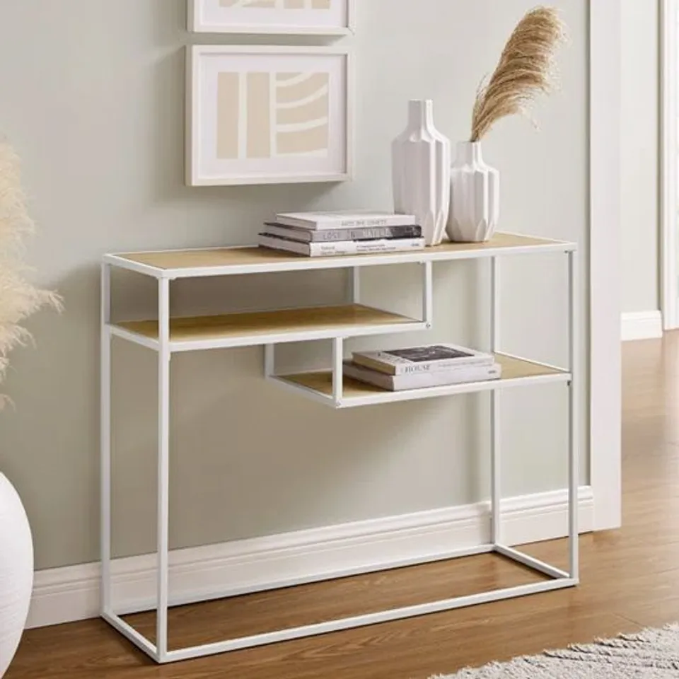 BRAND NEW BOXED WALKER EDISON GROTON WOODEN CONSOLE TABLE WITH SHELVES IN COASTAL OAK (1 BOX)