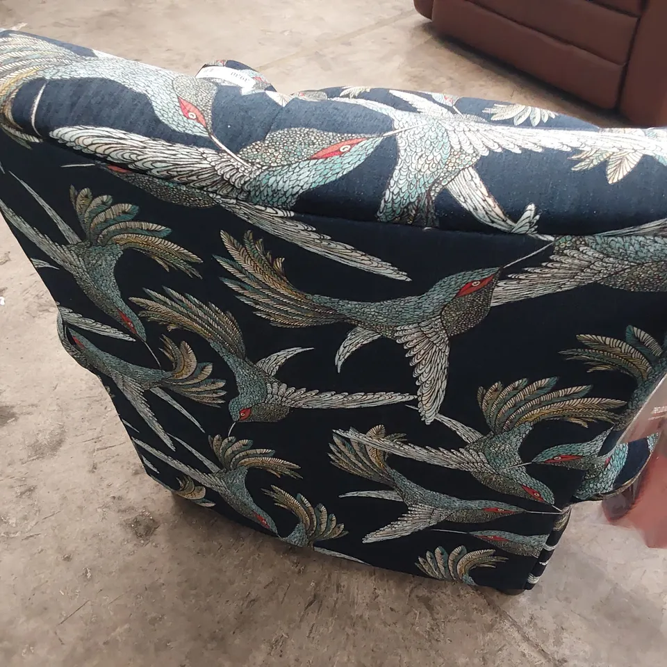 QUALITY BRITISH DESIGNER LOUNGE Co JOSHUA CHAIR PARADISE BIRD NAVY FABRIC 