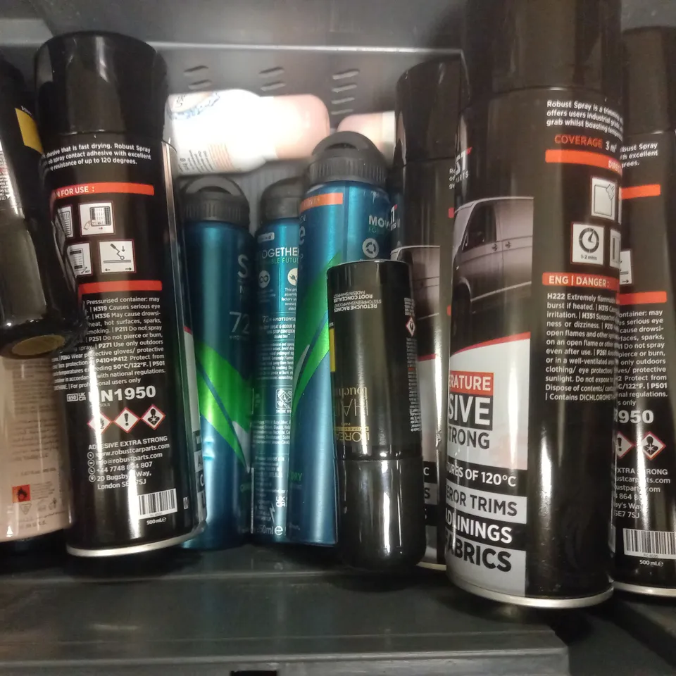 BOX OF APPROX 15 ASSORTED AEROSOLS TO INCLUDE - ROBUST CAR PARTS HIGH TEMP ADHESIVE - SURE MEN QUANTUM DRY - ACO BLACK DIAMOND ECT