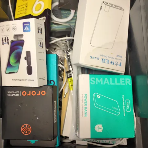 BOX CONTAINING A MIX OF APPROXIMATELY 15 PHONE CASES, MICROPHONES, POWER-BANKS ETC.