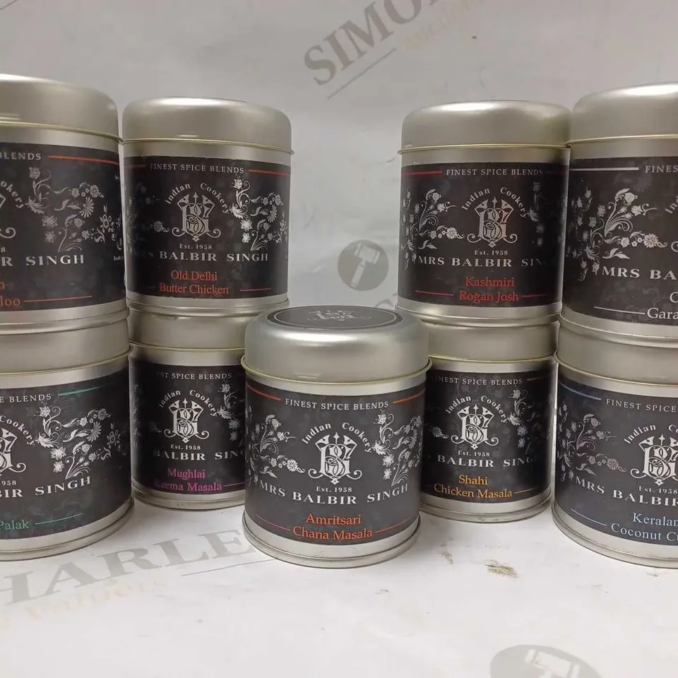 LOT OF APPROX 9 ASSORTED MRS BALBIR SINGH SPICE BLENDS TO INCLUDE CHICKEN MASALA, ROGAN JOSH, BUTTER CHICKEN, ETC 