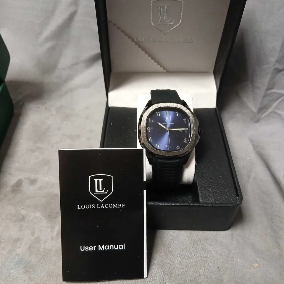 LOUIS LACOMBE WRISTWATCH – BLUE DIAL, BLACK STRAP, BOXED WITH MANUAL
