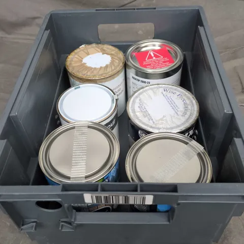 TOTE OF 6 ASSORTED PAINTS TOO INCLUDE RE COLOUR , JOHNSTONES , DULUX TRADE , ETC 