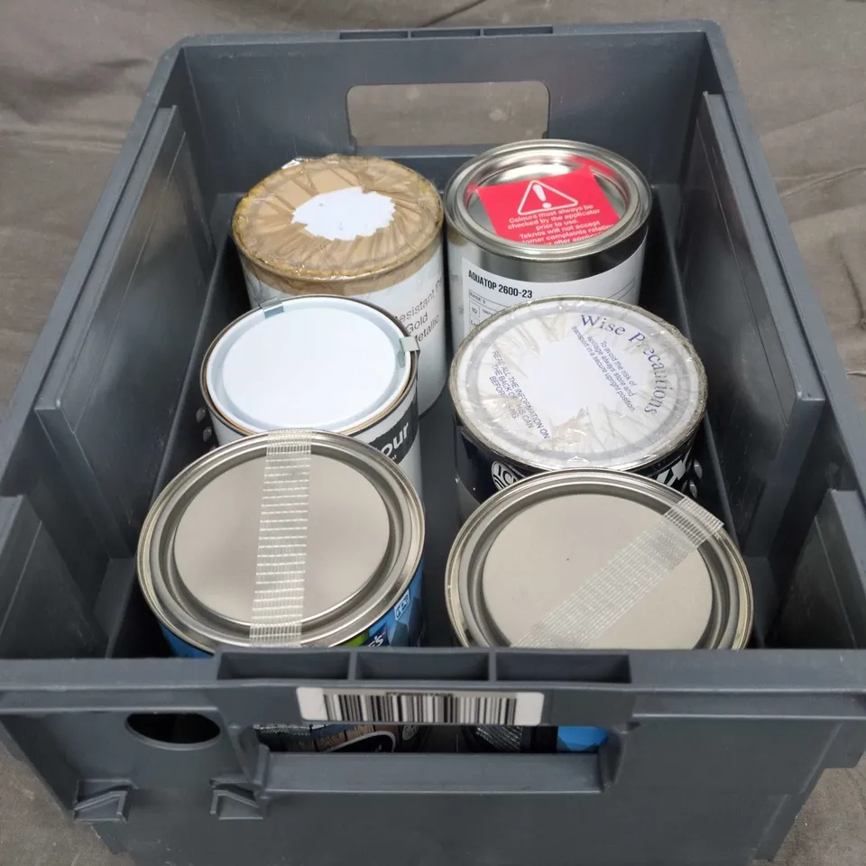 TOTE OF 6 ASSORTED PAINTS TOO INCLUDE RE COLOUR , JOHNSTONES , DULUX TRADE , ETC 