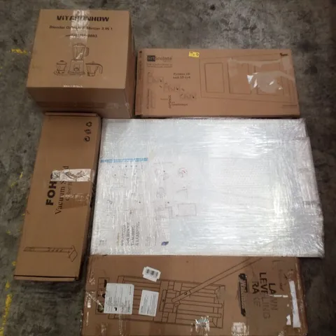 PALLET CONTAINING ASSORTED PRODUCTS INCLUDING BLENDER GRINDER & MINCER, VACUUM STAND, A4 TRIPLE GALLERY, LAWN LEVELLING RAKE & MAGNETIC DRY ERASE BOARD