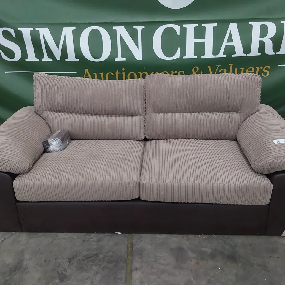 DESIGNER THREE SEATER SOFA BROWN FAUX LEATHER & JUMBO CHORD