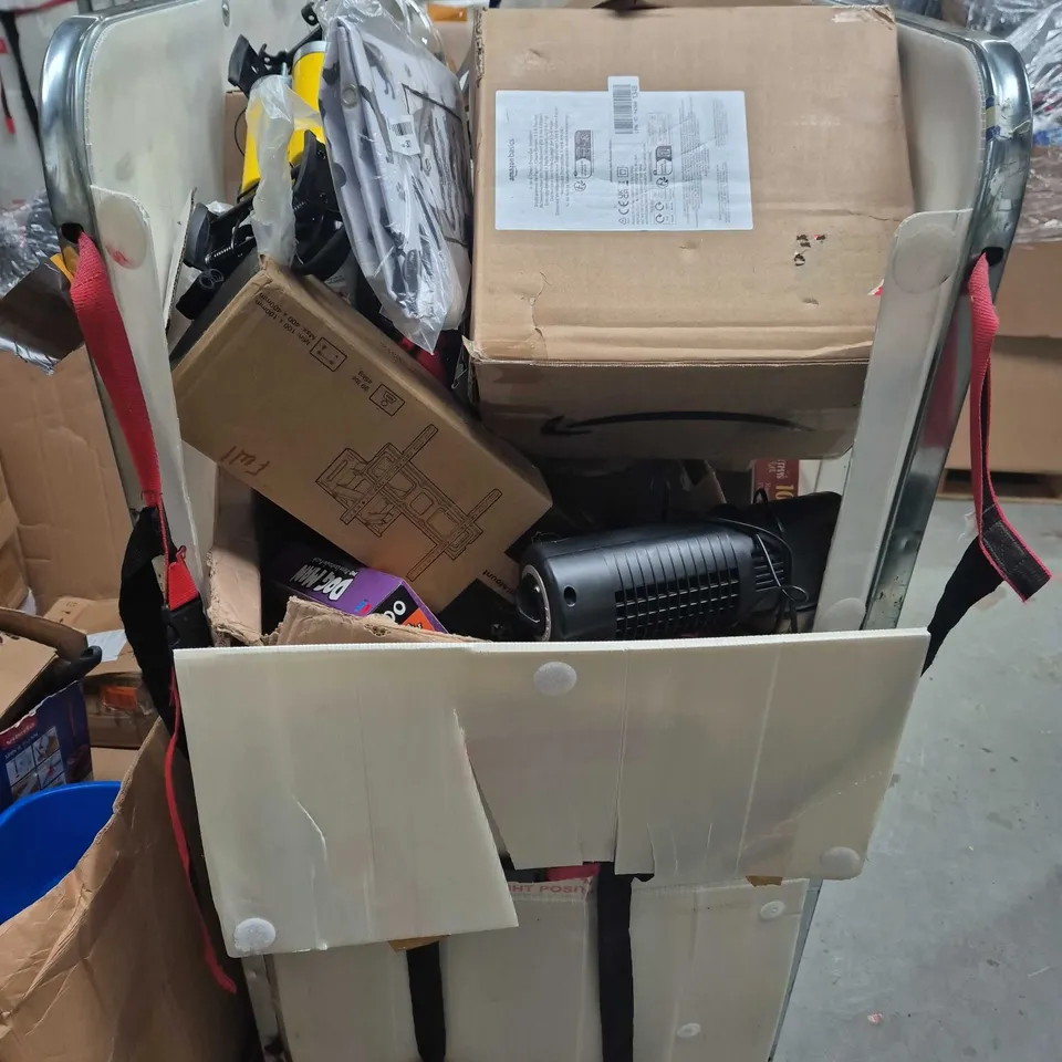 CAGE OF ASSORTED HOUSEHOLD PRODUCTS TOO INCLUDE TV BRACKETS , TOYS AND GAMES , ETC 