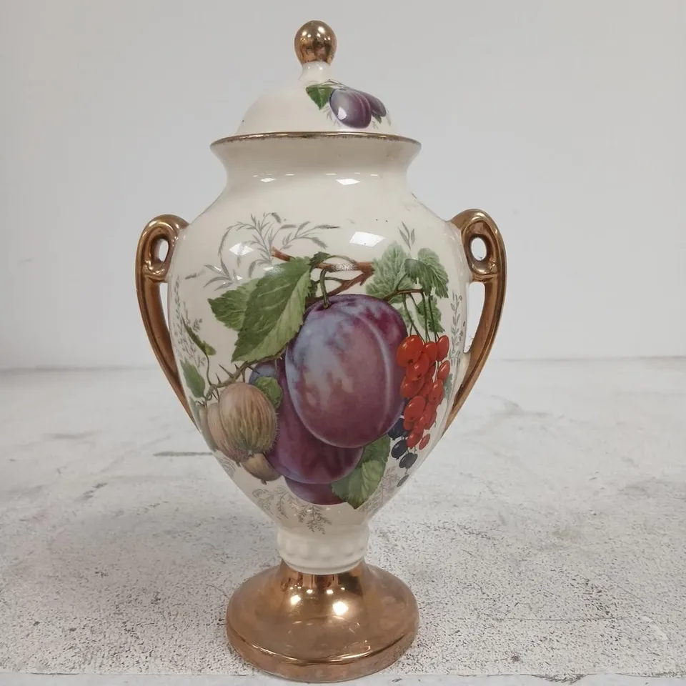 VINTAGE KLM STAFFORDSHIRE LIDDED URN VASE "ORCHARD FRUITS" PATTERN
