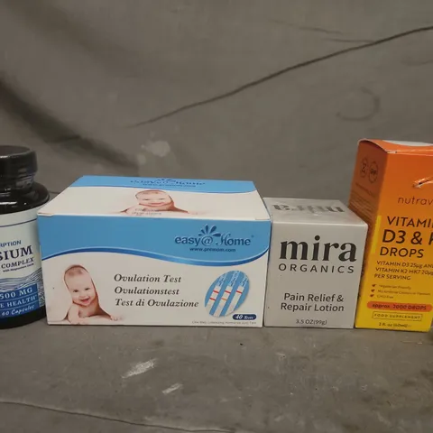 APPROXIMATELY 5 ASSORTED HEALTH & BEAUTY ITEMS TOO INCLUDE : MAGNESIUM CITRATE SUPPLEMENT, EASY@HOME OVULATION TEST KIT, MIRA ORGANICS PAIN RELIEF & REPAIR LOTION, VITAMIN D3 & K2 DROPS