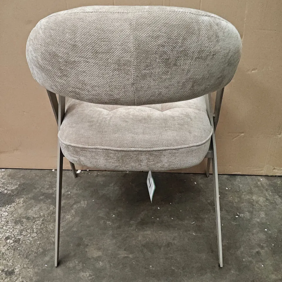 DESIGNER NATURAL FABRIC DINING CHAIR WITH METAL WRAP AROUND ARMS