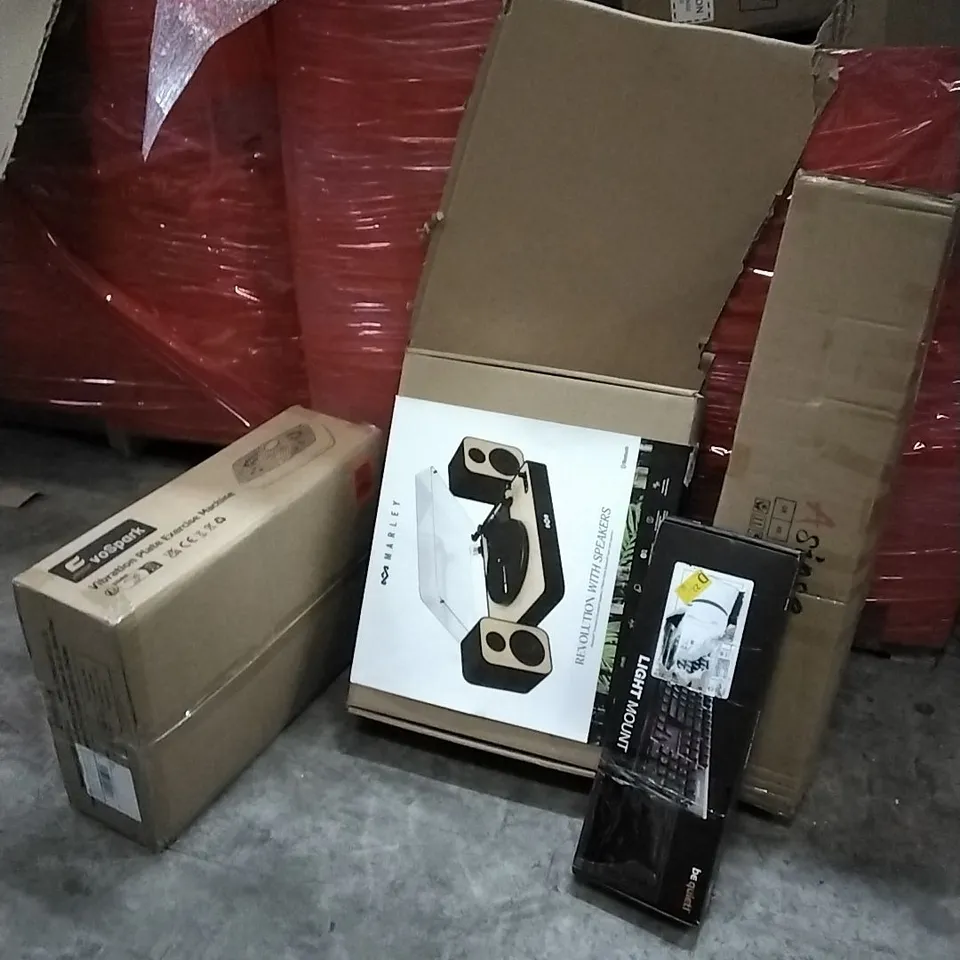 PALLET OF HOUSEHOLD ITEMS TO INCLUDE VIBRATION PLATE EXCERISE MACHINE, MARLEY REVOLUTION WITH SPEAKERS, CHRISTMAS TREE , KEYBOARD AND OTHER ASSORTED ITEMS...