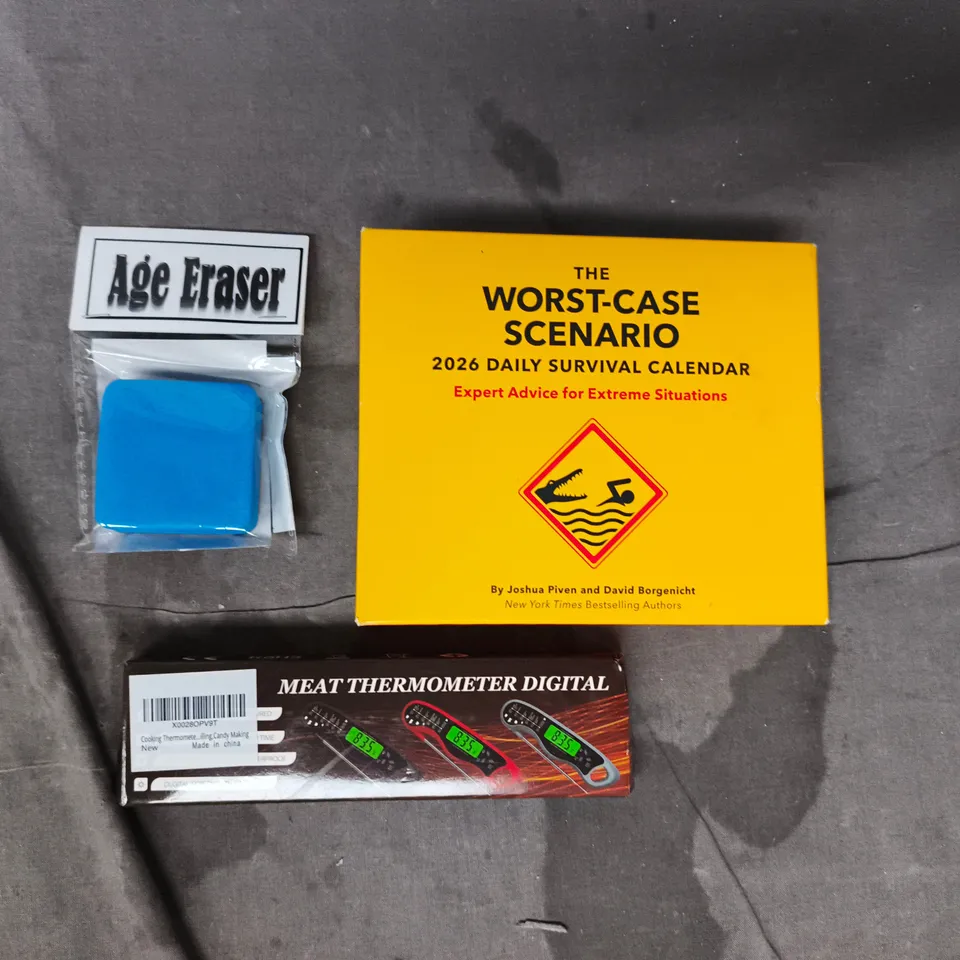 APPROXIMATELY 10 ASSORTED HOUSEHOLD ITEMS TO INCLUDE AGE ERASER, DIGITAL MEAT THERMOMETER, 2026 DAILY SURVIVAL CALENDAR, ETC