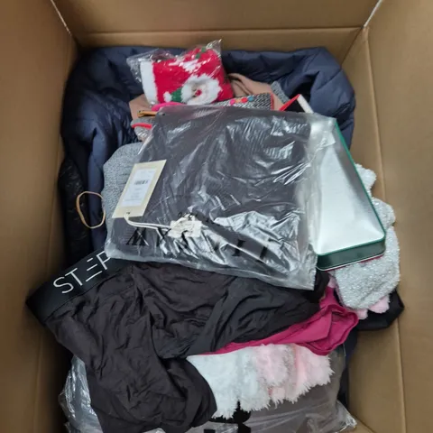 LARGE BOX OF ASSORTED CLOTHING ITEMS IN VARIOUS SIZES, STYLES AND COLOUR 