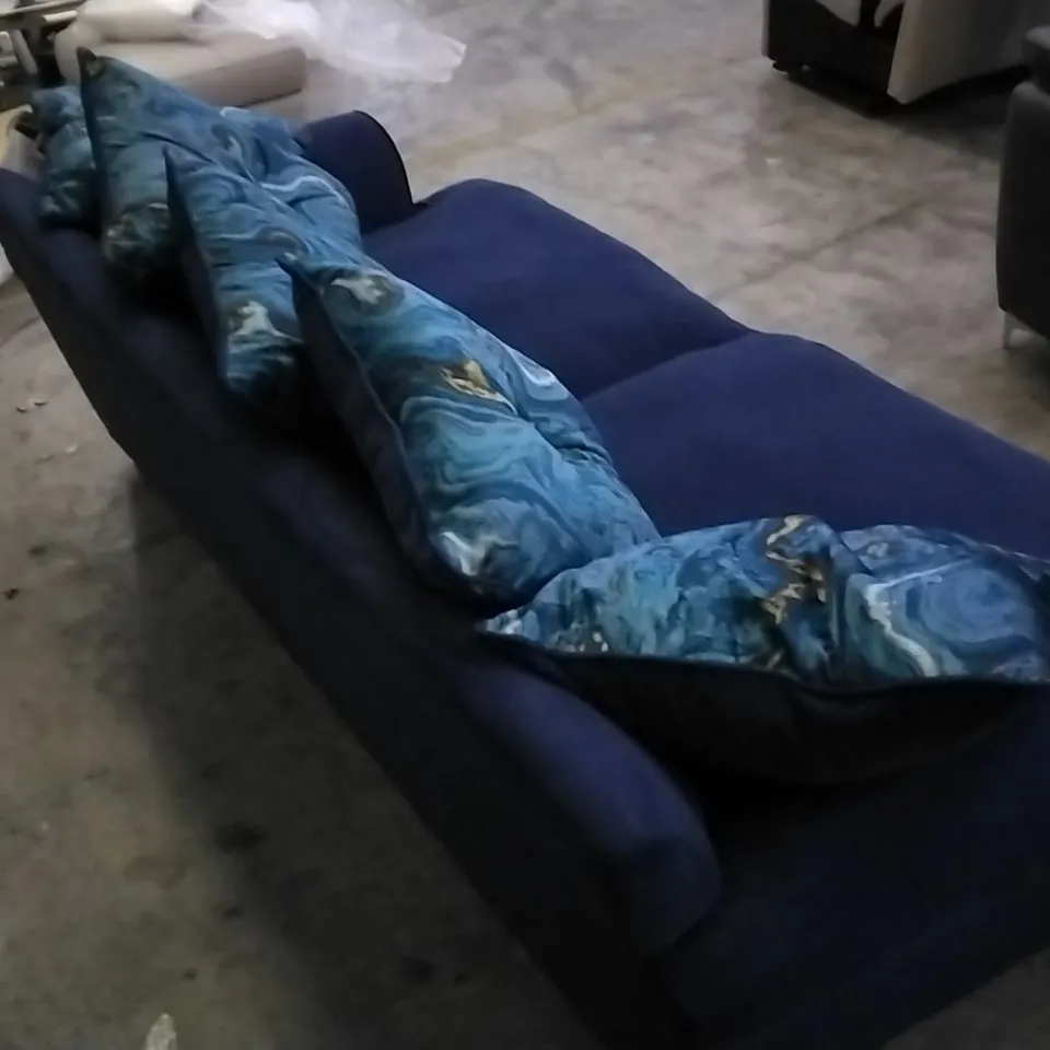 THE LOUNGE COMPANY DARK BLUE FABRIC 3 SEATER SOFA WITH SCSTTERBACK CUSHIONS