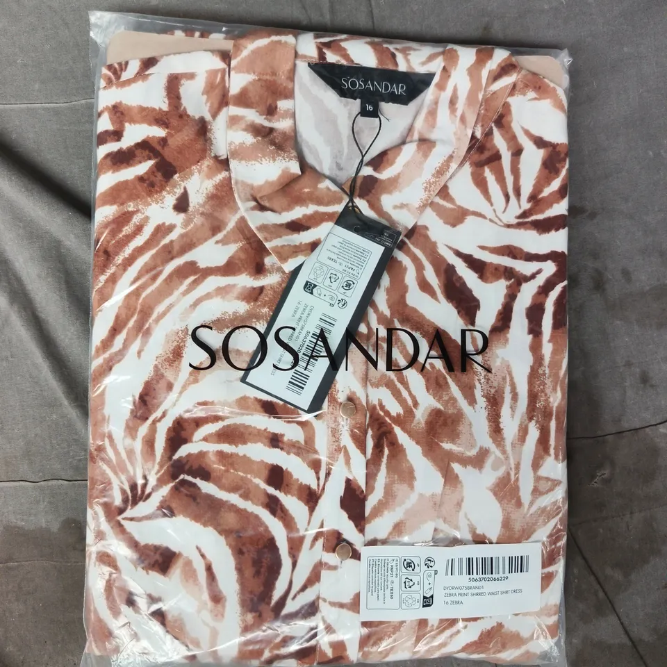 BAGGED SOSANDAR ZEBRA PRINT SHIRRED WAIST SHIRT DRESS SIZE 16