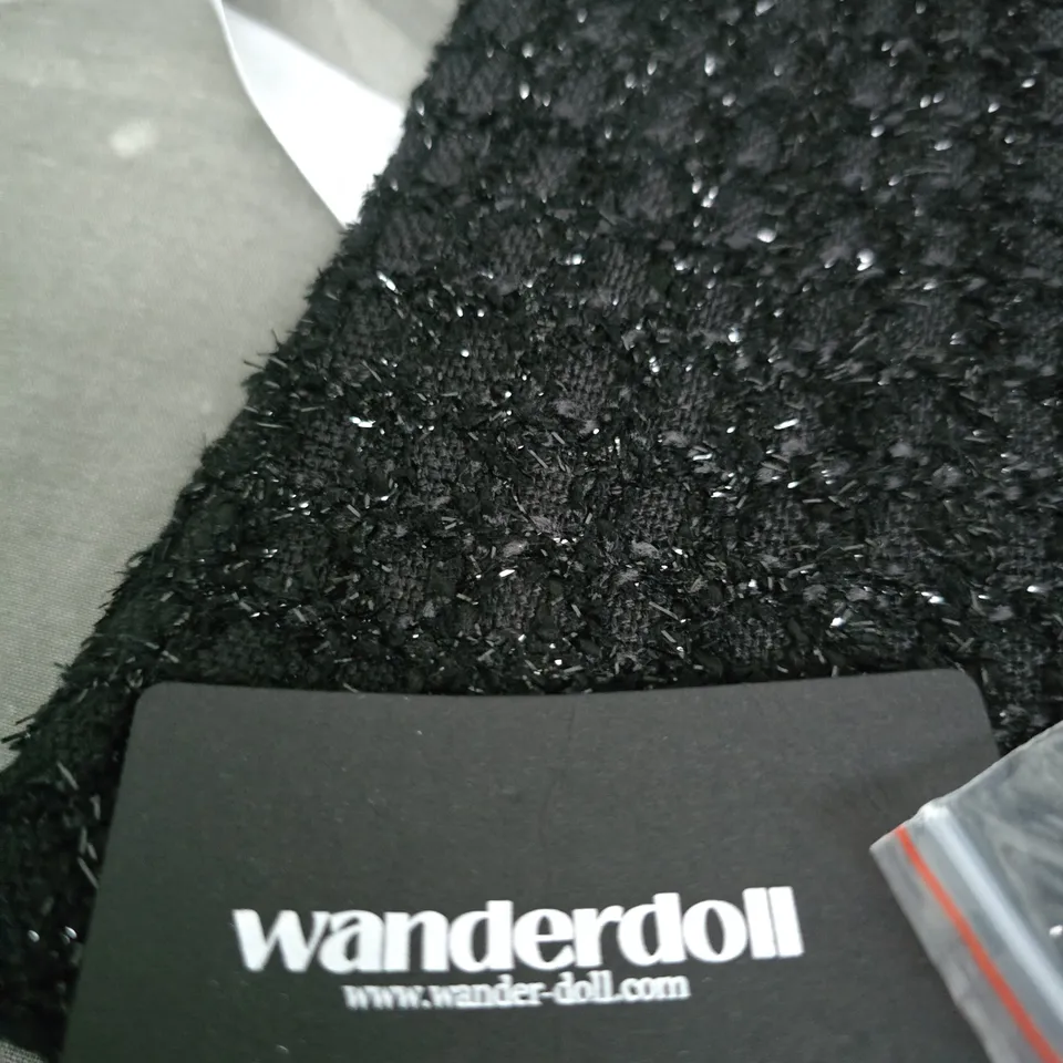 WANDERDOLL WOMEN'S BLACK BOUCLÉ CROP TOP XS WITH GOLD ZIP & WHITE BUTTON TRIM