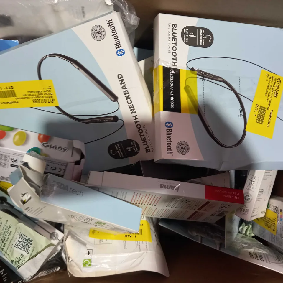 BOX OF APPROXIMATELY 20 ASSORTED ELECTRICAL ITEMS TO INCLUDE ASDA TECH WIRELESS EARBUDS, MIXX JX1 WIRELESS HEADPHONES, ASDA TECH GAMING MOUSE