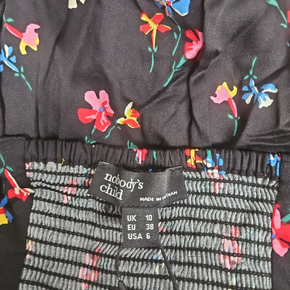 NOBODY'S CHILD FLORAL DRESS, BLACK WITH MULTICOLOUR FLOWERS, UK 10 (EU 38, USA 6) – MADE IN VIETNAM