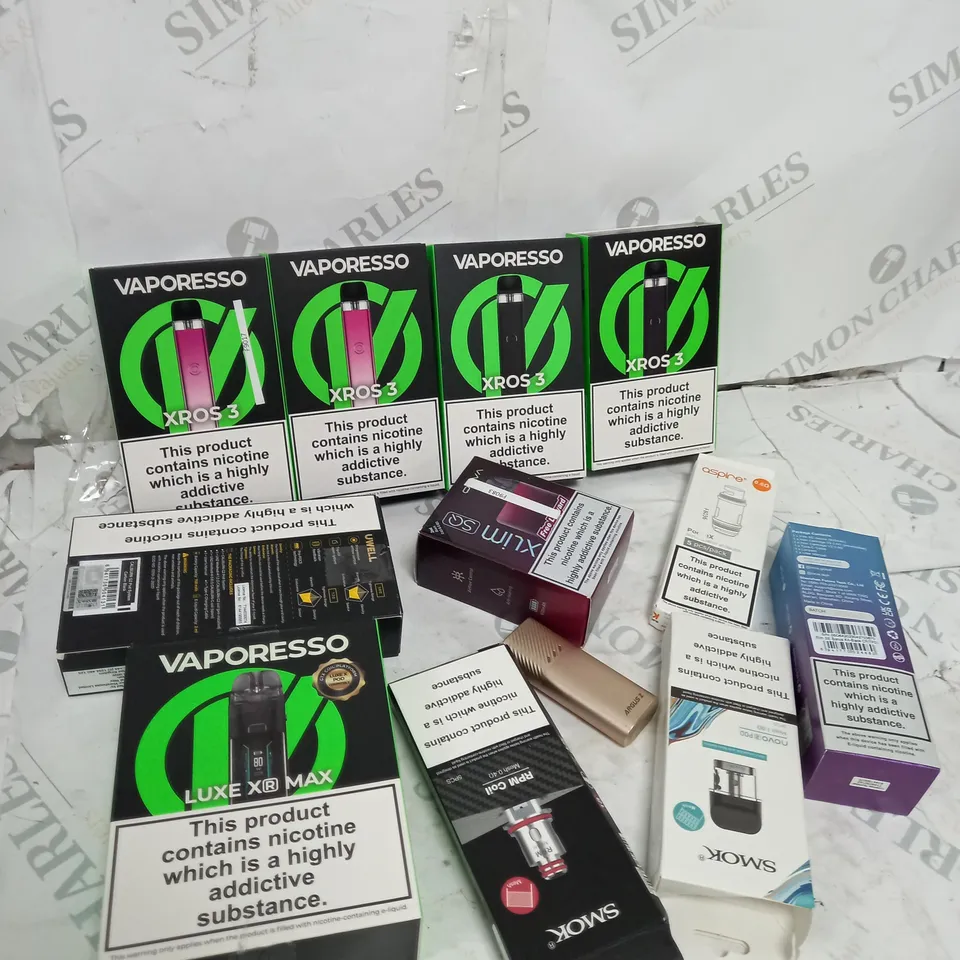 BOX OF APPROXIMATELY 10 ASSORTED E-CIG PRODUCTS TO INCLUDE ASPIRE, OXVA, UWELL, ETC