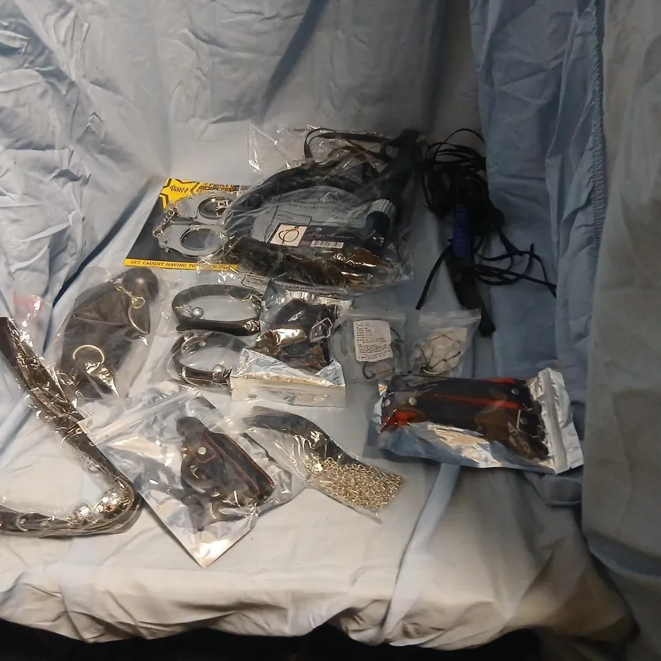 LARGE QUANTITY OF ASSORTED SEX TOYS TO INCLUDE; LEG AVENUE BDSM RESTRAINTS SET WITH LEATHER COLLAR, CUFFS & CHAINS