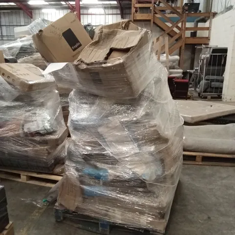PALLET OF ASSORTED HOUSEHOLD GOODS AND PRODUCTS TO INCLUDE; GARDEN PARASOL, FOLDING PET CAGE, COAT HANGERS, SUITCASE ETC