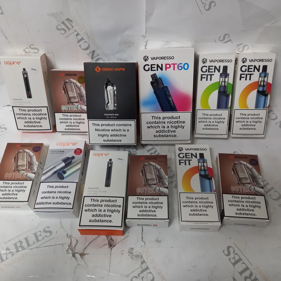 BOX OF APPROX 12 ASSORTED E-CIGARETTES TO INCLUDE - GEEK VAPE B60 - ASPIRE GOTEK X - VAPORESSO GEN FIT