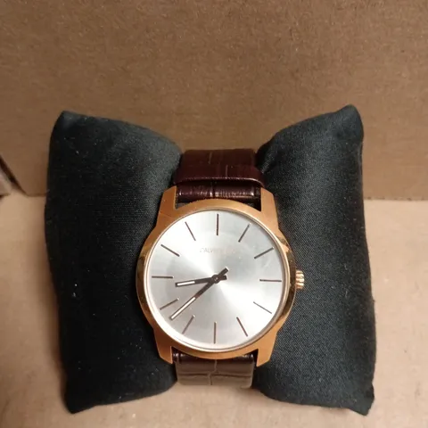 CALVIN KLEIN ROSE GOLD STAINLESS STEEL CASE BROWN LEATHER STRAP WATCH 