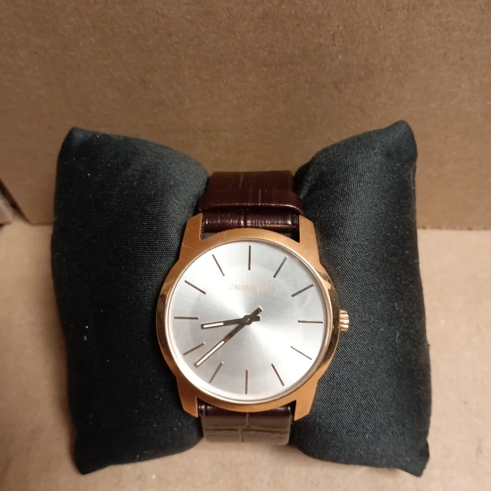 CALVIN KLEIN ROSE GOLD STAINLESS STEEL CASE BROWN LEATHER STRAP WATCH 