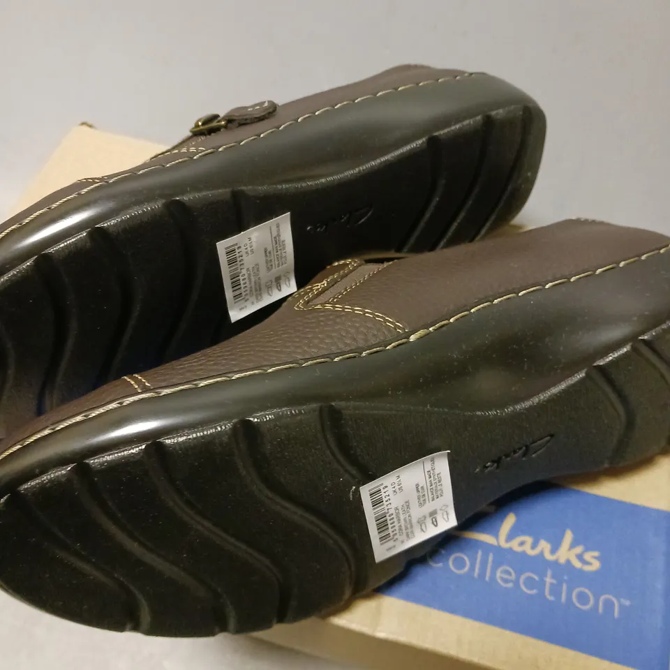 BOXED PAIR OF CLARKS CORA HARBOUR SHOES, BROWN LEATHER - UK SIZE 4