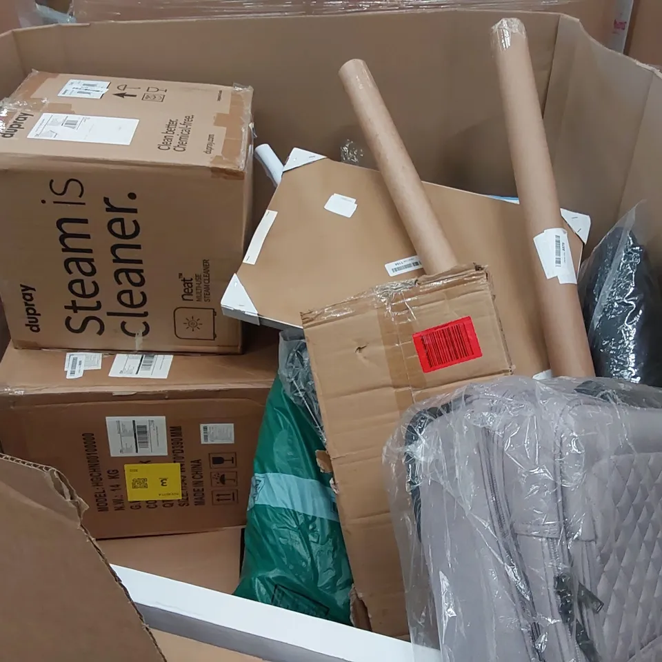 PALLET OF ASSORTED ITEMS INCLUDING: AIR FRYER, ELECTRIC BLANKET, SUITCASE, CAR WASHING BRUSH, DESIGNER LAMP SHADE