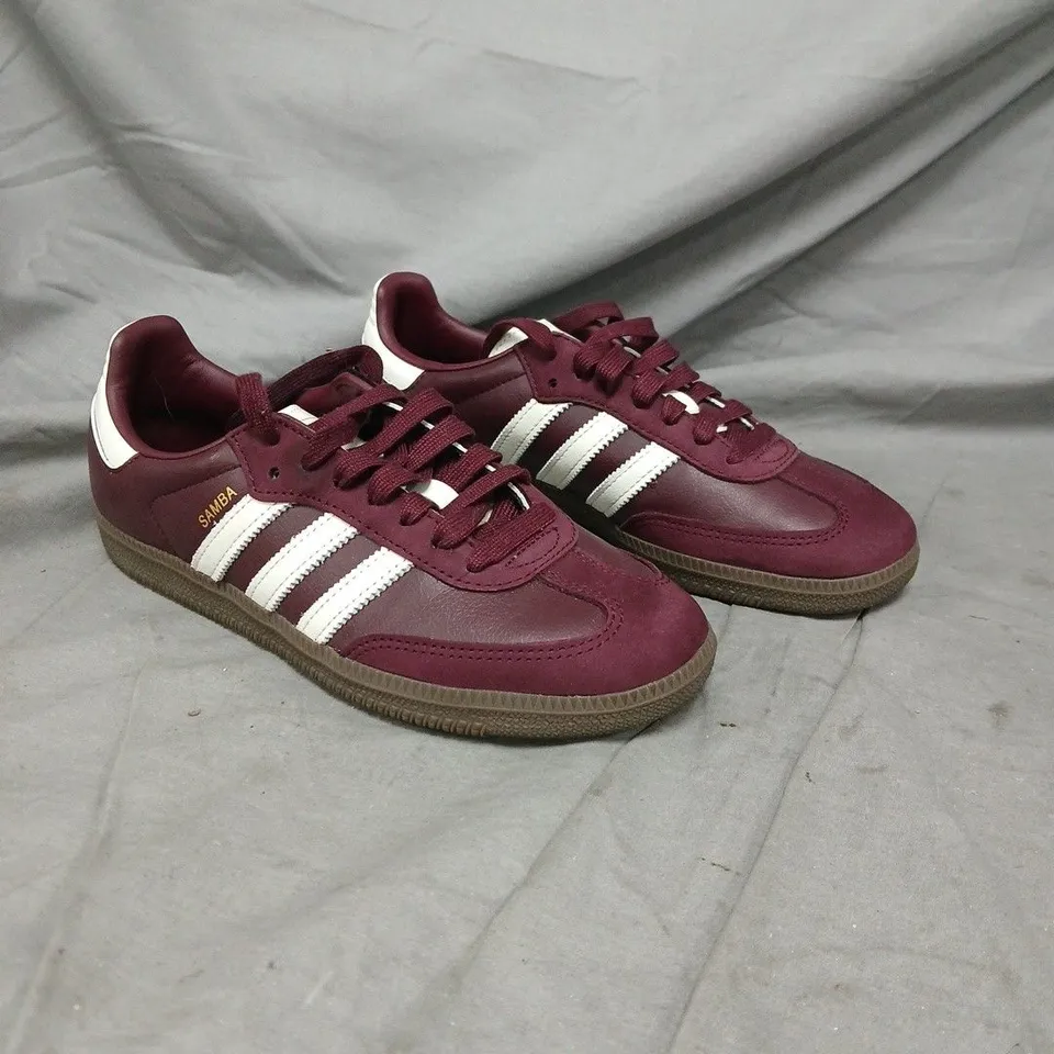 UNBOXED PAIR OF ADIDAS SAMBA BURGUNDY SUEDE TRAINERS – WHITE STRIPES - SIZE 5.5