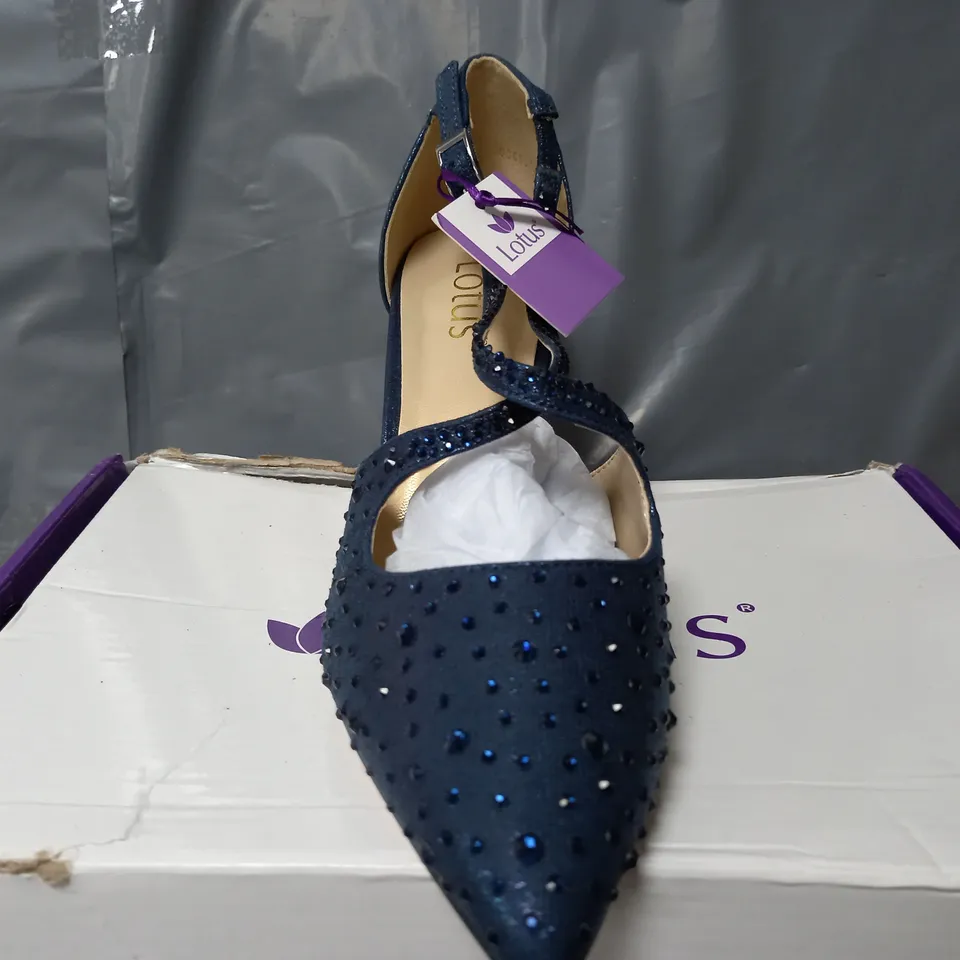 BOXED PAIR OF LOTUS POINTED TOE STRAP HEELS IN DIAMOND NAVY - UK 5