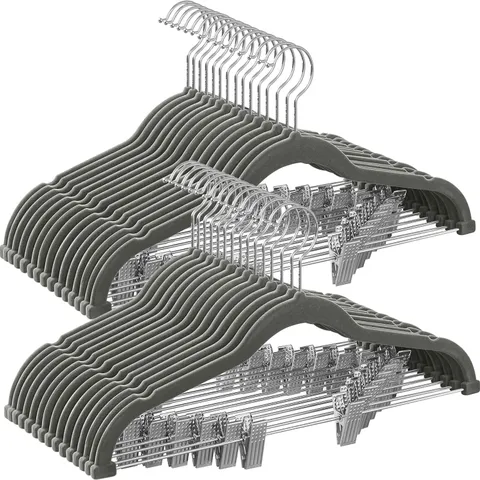 BOXED SONGMICS TROUSER HANGERS, SET OF 30 VELVET HANGERS WITH ADJUSTABLE CLIPS, 42.5CM LONG, NON-SLIP, SPACE-SAVING, FOR SKIRTS, COATS, DRESSES, GREY