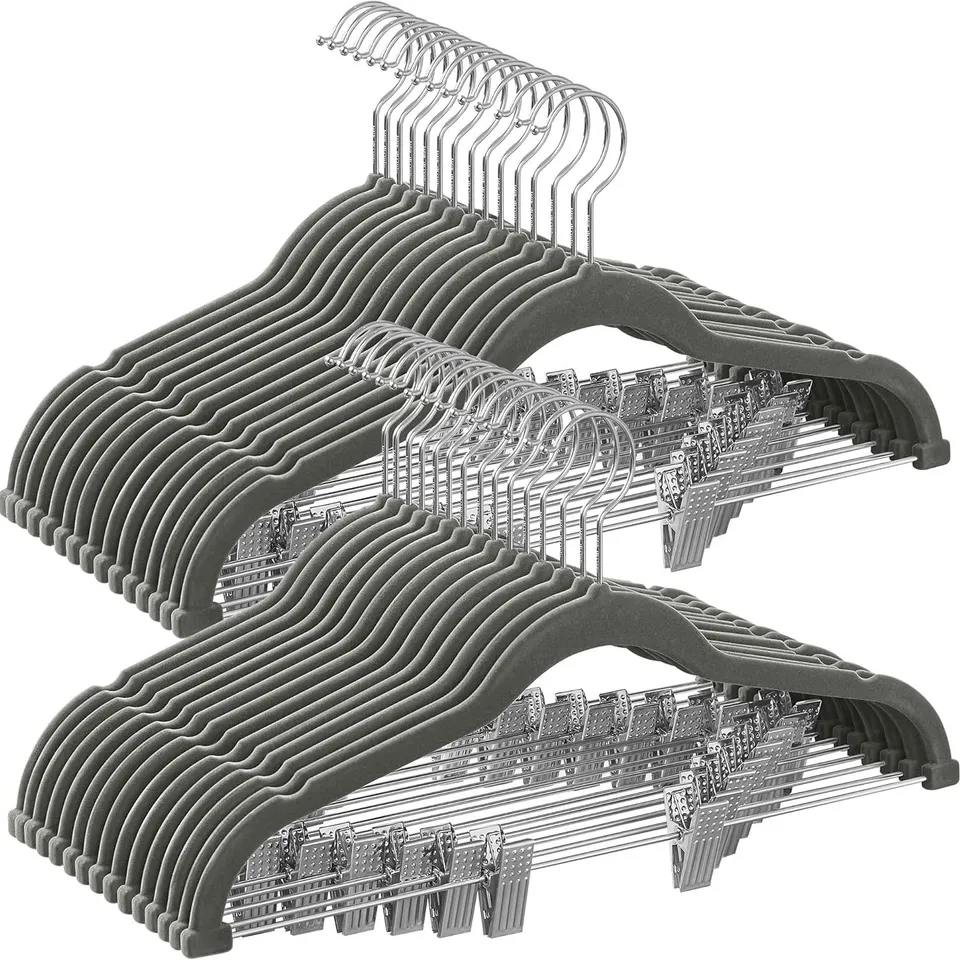 BOXED SONGMICS TROUSER HANGERS, SET OF 30 VELVET HANGERS WITH ADJUSTABLE CLIPS, 42.5CM LONG, NON-SLIP, SPACE-SAVING, FOR SKIRTS, COATS, DRESSES, GREY