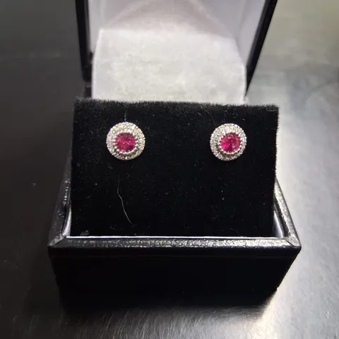 18CT WHITE GOLD CUSTER EARRINGS SET WITH RUBIES AND NATURAL DIAMONDS