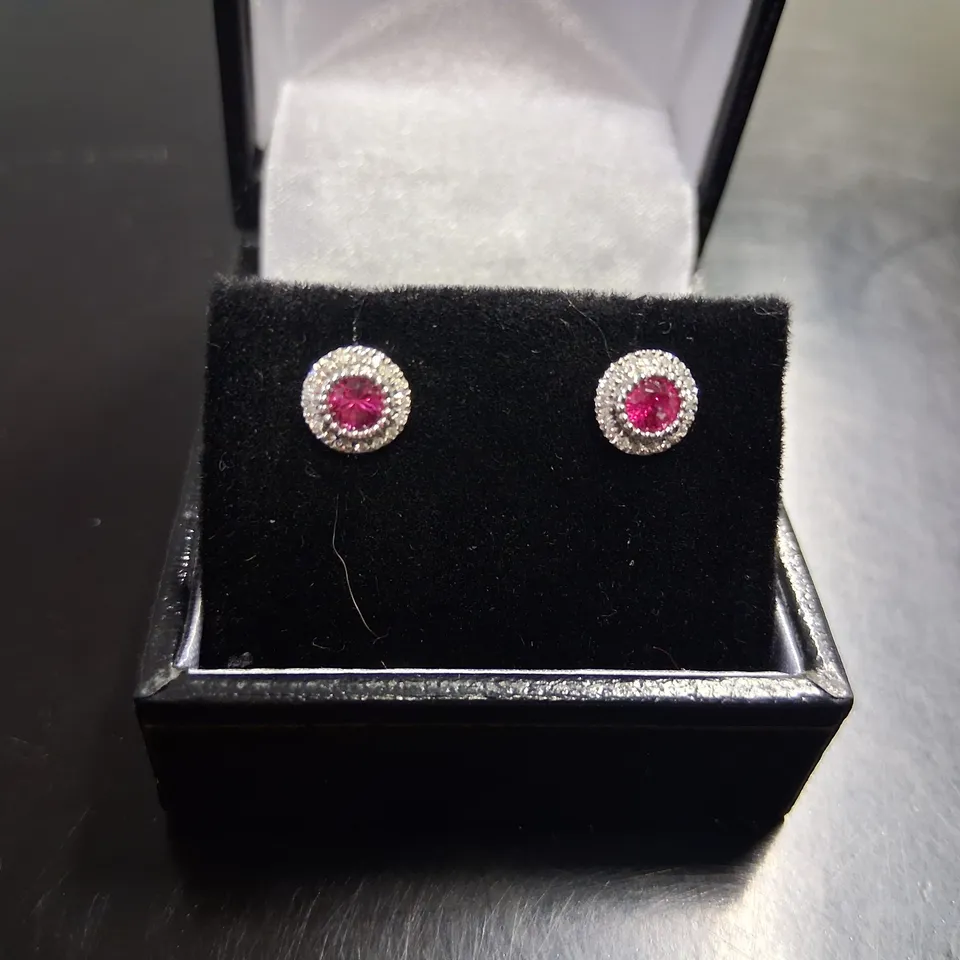 18CT WHITE GOLD CUSTER EARRINGS SET WITH RUBIES AND NATURAL DIAMONDS