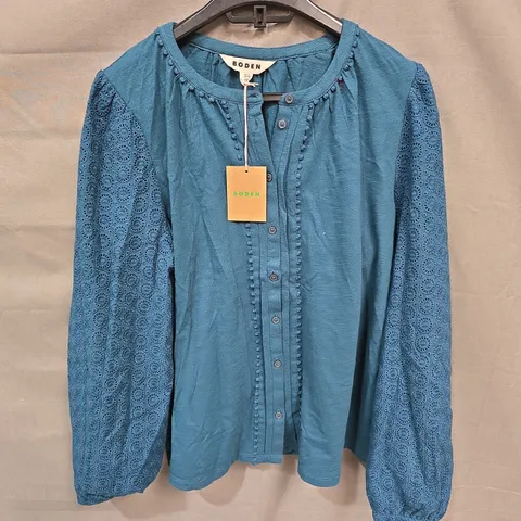 BODEN TEAL BLOUSE WITH EYELET SLEEVES, WOMEN'S UK 16